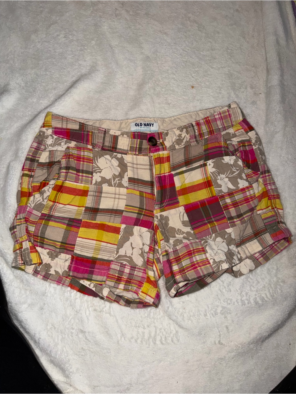 Old Navy Patchwork Plaid & Floral Shorts - Pink, Yellow, Cream, Brown